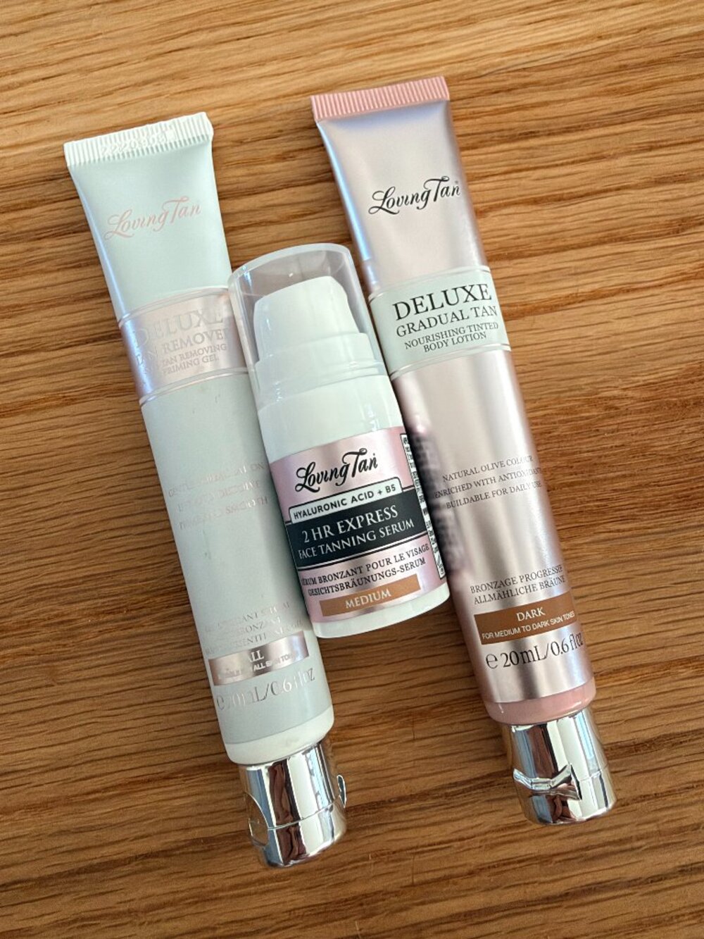 New Loving Tan Travel Trio - Lotion (Dark), Face Serum (Medium), Tan Removal